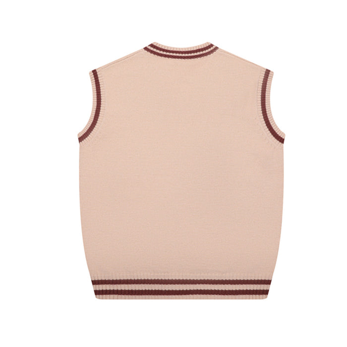Back view of the pink V-neck sweater vest with burgundy striped neckline, armholes, and hem