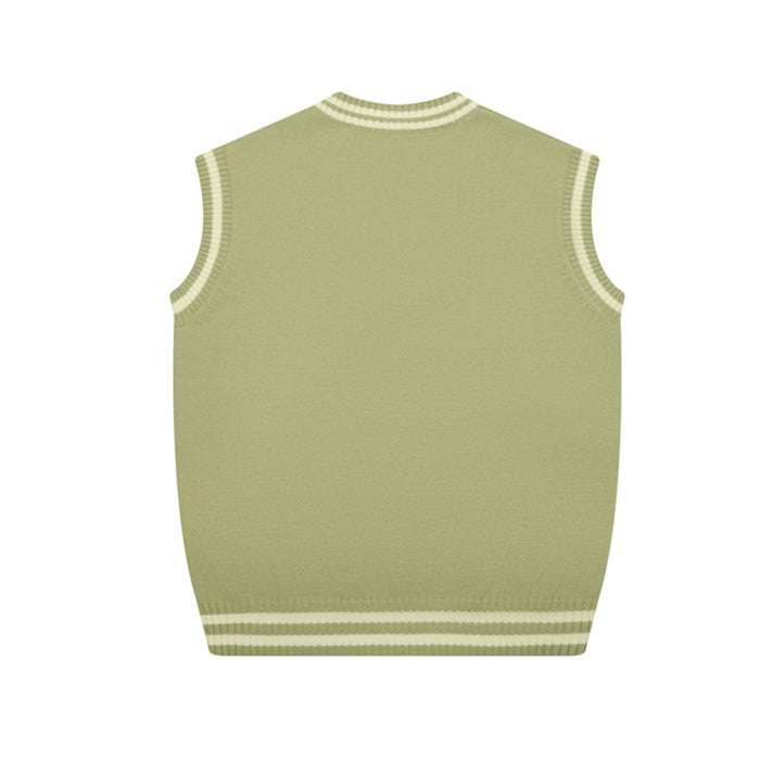 Back view of the sage green V-neck sweater vest with cream striped neckline, armholes, and hem