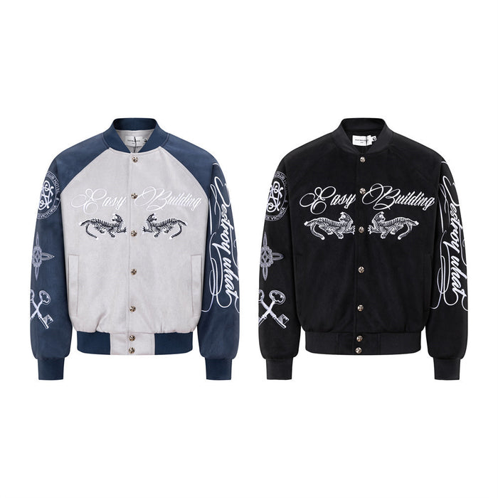 Two varsity bomber jackets shown from the front in gray and navy colorblock and solid black, with white script and tiger motifs