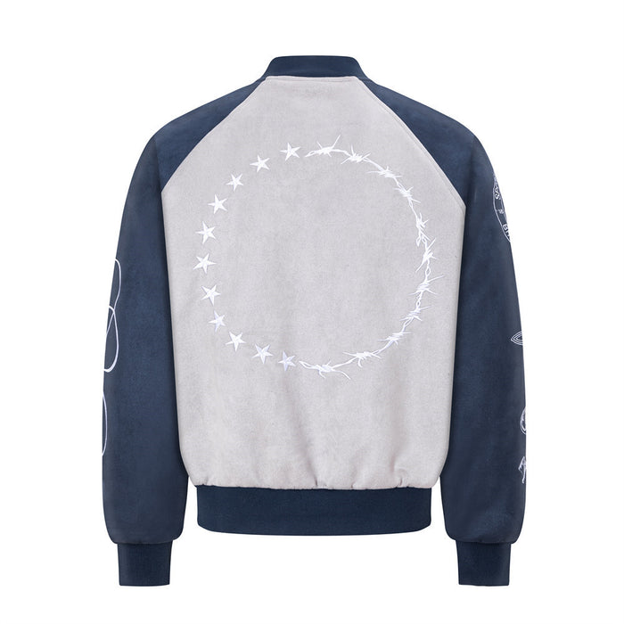 Back view of the gray and navy colorblock varsity bomber jacket with a white star and barbed-wire circular design