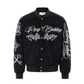 Front view of the black varsity bomber jacket with white script lettering, twin tiger graphics, and decorated sleeves