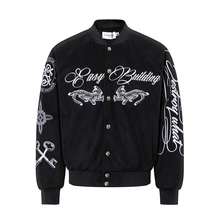 Front view of the black varsity bomber jacket with white script lettering, twin tiger graphics, and decorated sleeves
