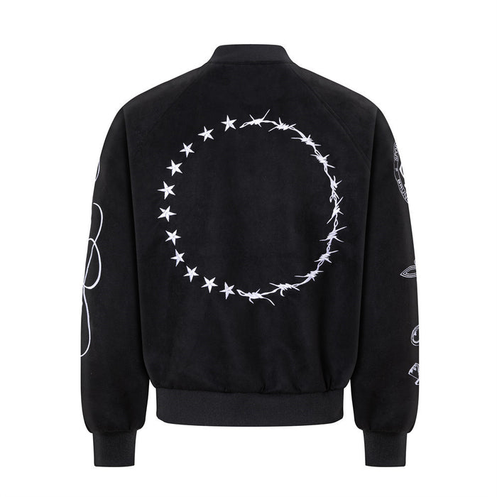 Back view of the black varsity bomber jacket featuring a large white star and barbed-wire circular design