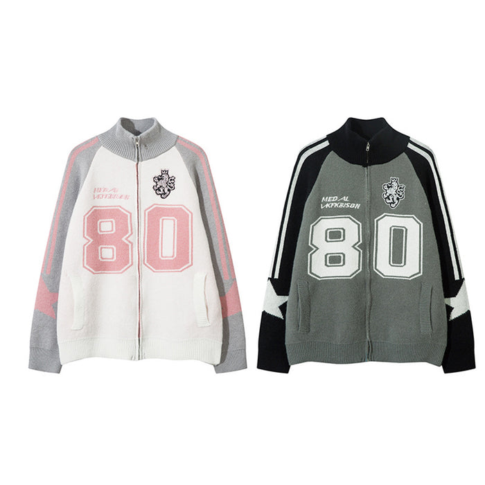 Two front views of a colorblock knit zip cardigan in white and pink or gray and black, both with number 80