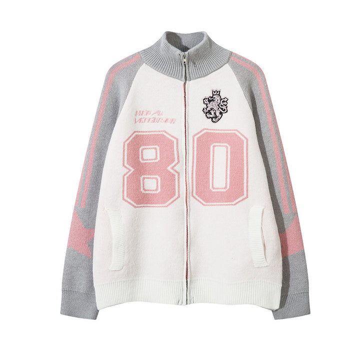 Varsity knit zip cardigan in white, grey, and pink colorblock with number 80 jacquard front and lion crest badge