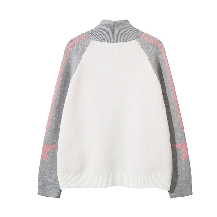 Back view of the white knit cardigan with gray sleeves, pink stripes, and star accents
