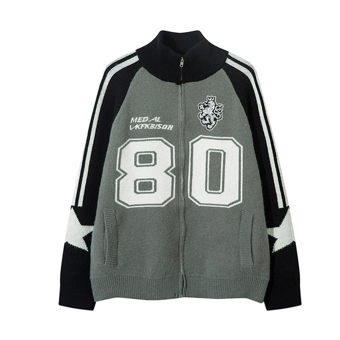 Front view of the gray and black knit zip cardigan with outlined number 80, crest, and striped sleeves