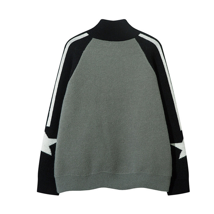 Back view of the gray and black knit cardigan with striped sleeves and a plain gray body