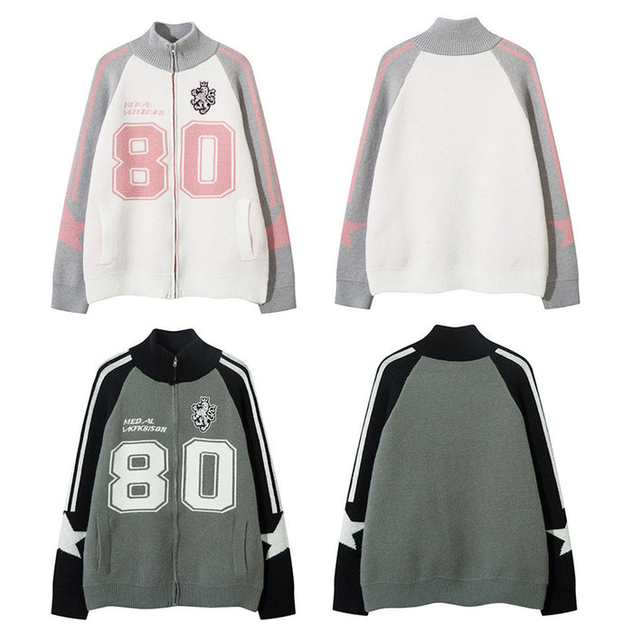 Four-view layout showing front and back views of the white-pink and gray-black number 80 knit cardigans