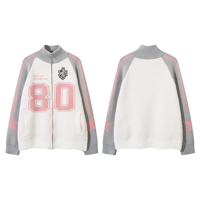 Front and back views of the white knit cardigan with gray sleeves, pink stripes, and number 80