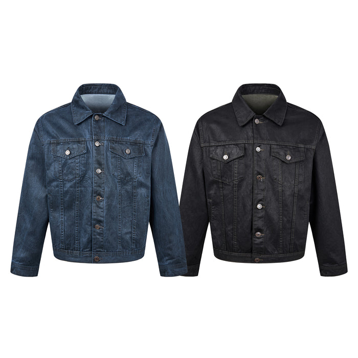 Blue and black washed denim trucker jackets shown from the front with spread collars and chest pockets