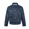 Boxy washed distressed denim trucker jacket in indigo blue with spread collar and double chest pockets