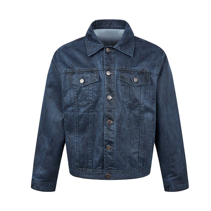 Boxy washed distressed denim trucker jacket in indigo blue with spread collar and double chest pockets
