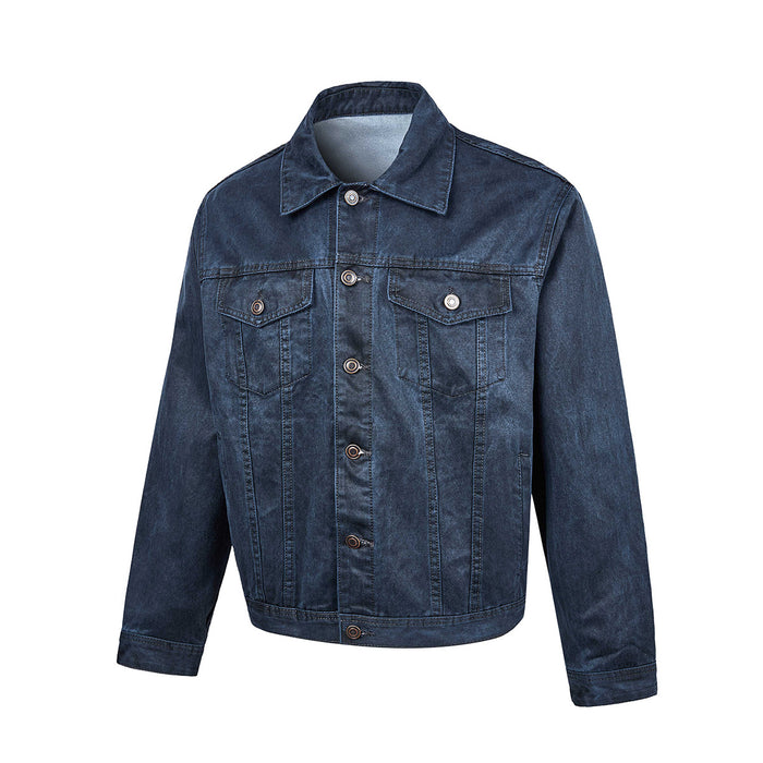 Blue washed denim trucker jacket front view with spread collar, button closure, and two flap chest pockets