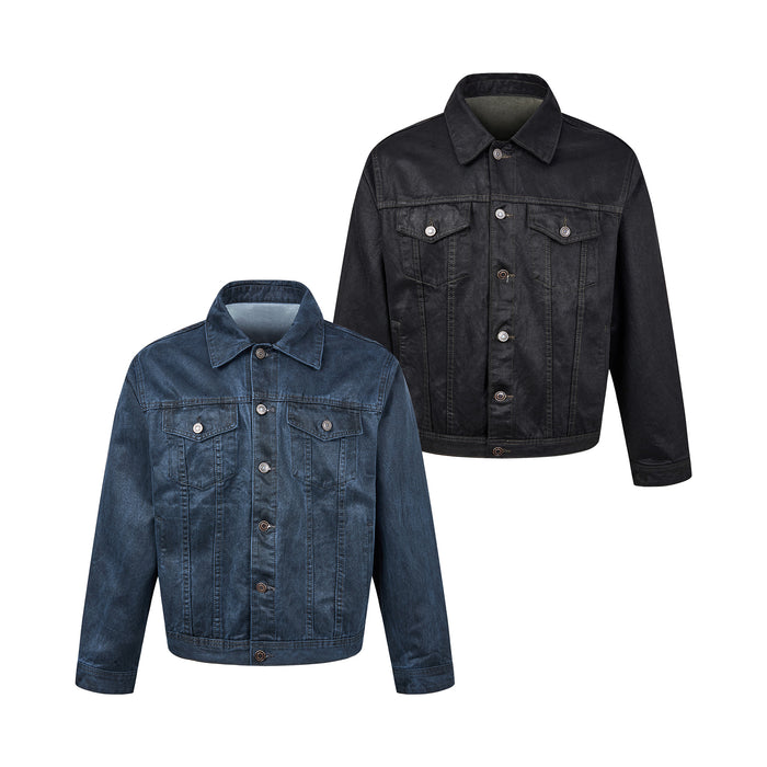 Blue and black washed denim trucker jackets overlapping in a front-facing product display