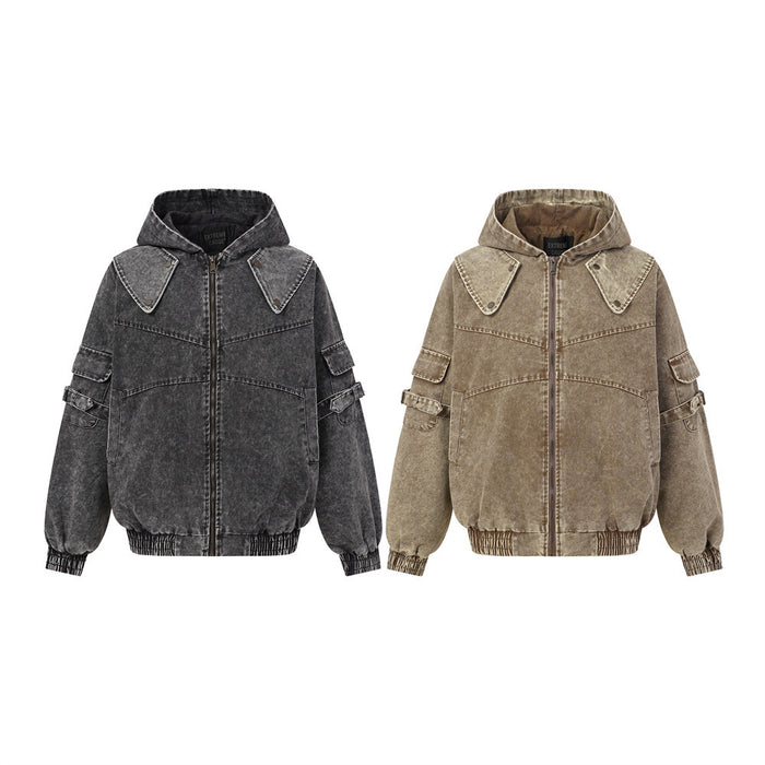 Two hooded bomber jackets shown from the front in charcoal gray and washed tan with cargo sleeves