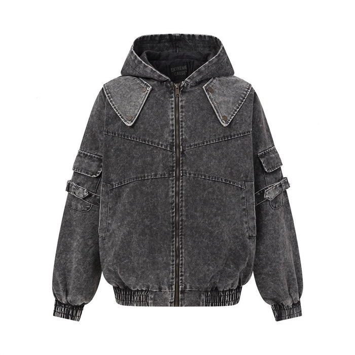 Charcoal gray hooded bomber jacket front with zip closure, flap details, and multiple cargo pockets