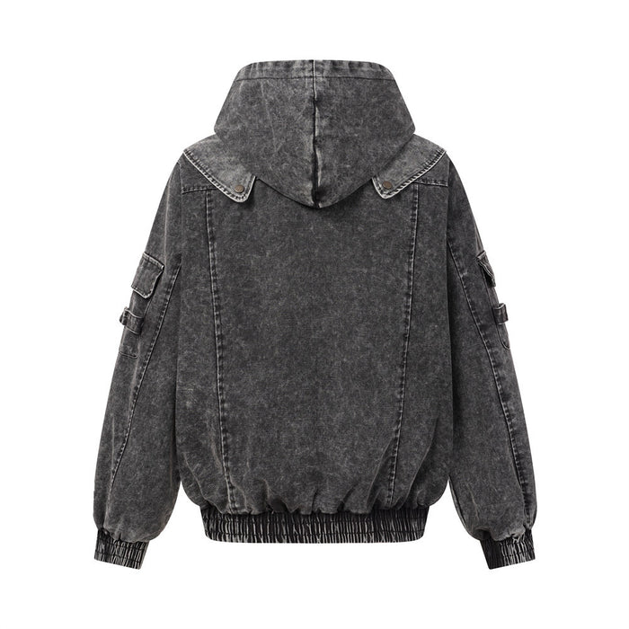 Charcoal gray hooded bomber jacket shown from the back with panel seams and ribbed elastic hem