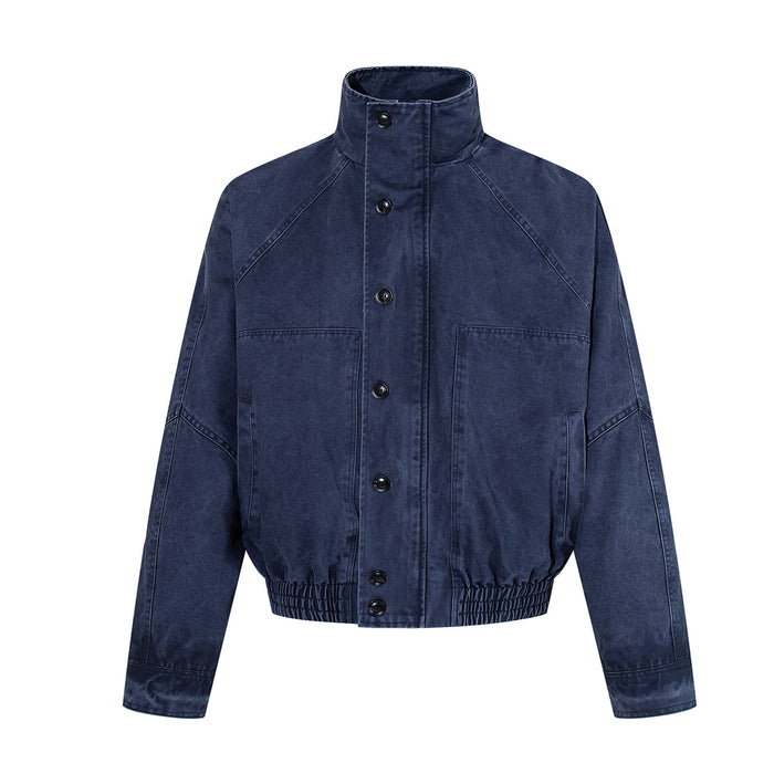 Washed vintage workwear bomber jacket in navy blue with stand collar, button front, and elasticated hem