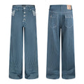 Full front and back views of wide-leg blue denim jeans with fine white vertical stripes and button fly