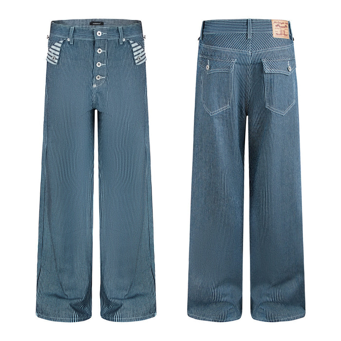 Full front and back views of wide-leg blue denim jeans with fine white vertical stripes and button fly