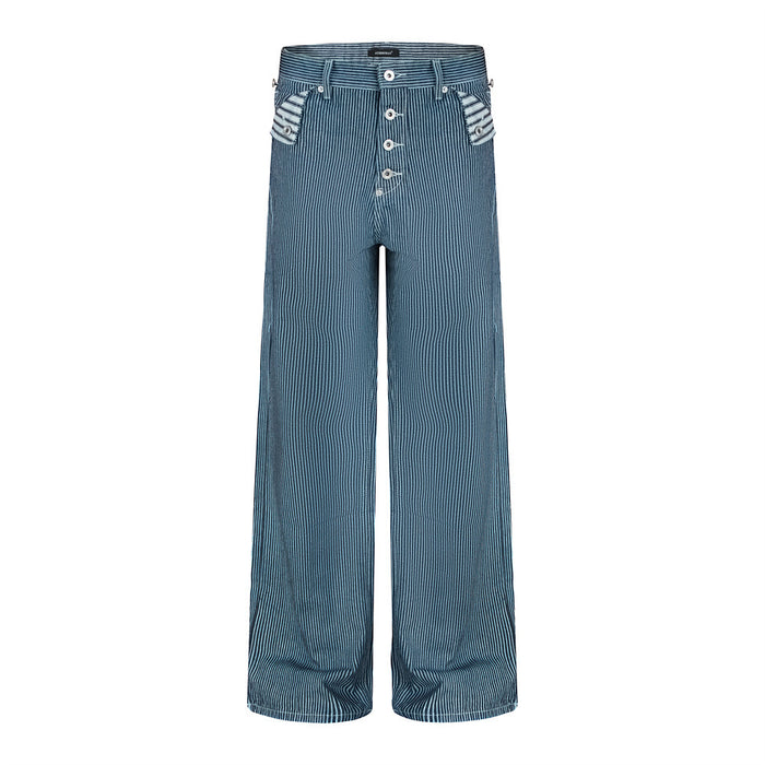 Men's wide-leg baggy jeans in indigo and white vertical stripe with button-fly front and contrast striped pocket lining