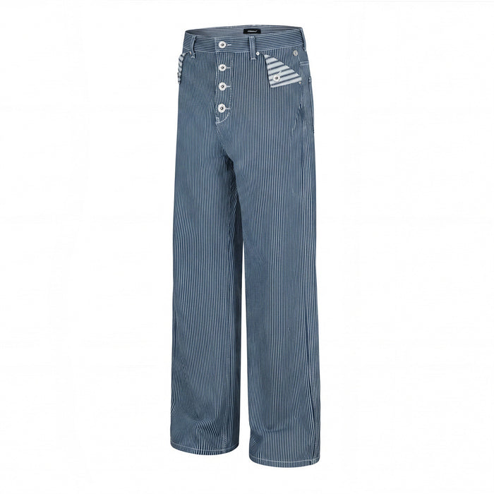 Front view of wide-leg blue striped denim jeans showing the button fly and angled front pockets