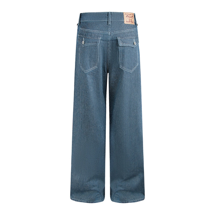 Back view of wide-leg blue denim jeans with fine white stripes, belt loops, and two flap pockets