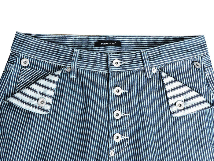 Close-up of the striped jeans waistband, button fly, belt loops, and contrasting striped front pocket lining
