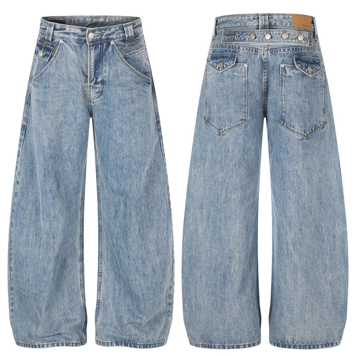Light blue washed denim barrel-leg jeans shown from the front and back with wide legs and multiple pockets