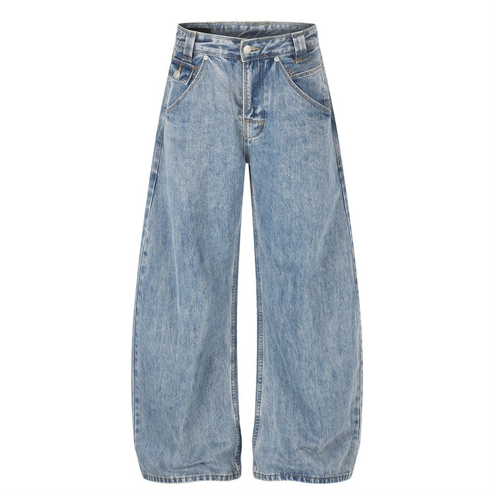 Men's wide-leg baggy barrel jeans in light acid-wash blue denim, front and back view