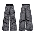 Gray wide-leg jeans with black crackle print, diagonal studded stripes, and front and back views