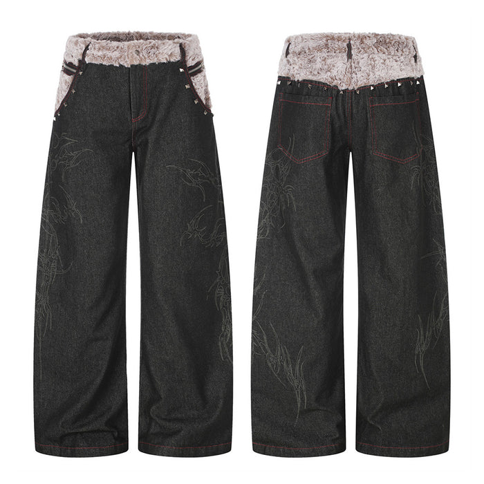 Black wide-leg jeans with grey faux fur contrast waistband, pyramid rivet studs, and tonal dragon embroidery on legs