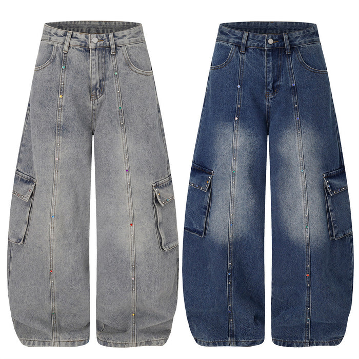 Wide-leg cargo jeans shown from the front in washed gray and dark blue denim with colorful rhinestone seam details