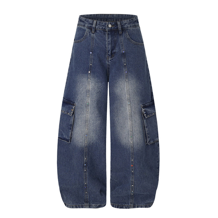 Men's wide-leg washed denim cargo jeans with colorful rhinestone center seam and oversized flap cargo pockets