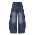 Men's wide-leg washed denim cargo jeans with colorful rhinestone center seam and oversized flap cargo pockets