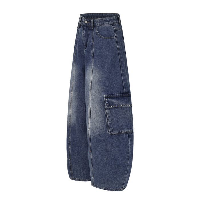 Dark blue wide-leg cargo jeans shown at a side angle with a large flap pocket and rhinestone-trimmed seam