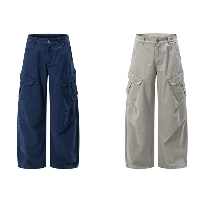 Front view of wide-leg cargo pants in navy blue and light gray with multiple flap pockets
