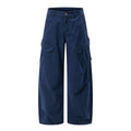 Wide-leg multi-pocket cargo pants in navy blue with flap pockets and relaxed fit