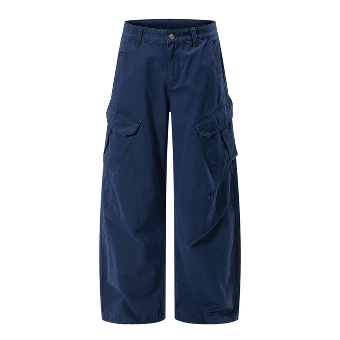 Wide-leg multi-pocket cargo pants in navy blue with flap pockets and relaxed fit