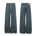 Men's wide-leg teal green button-fly straight denim jeans, front and back view