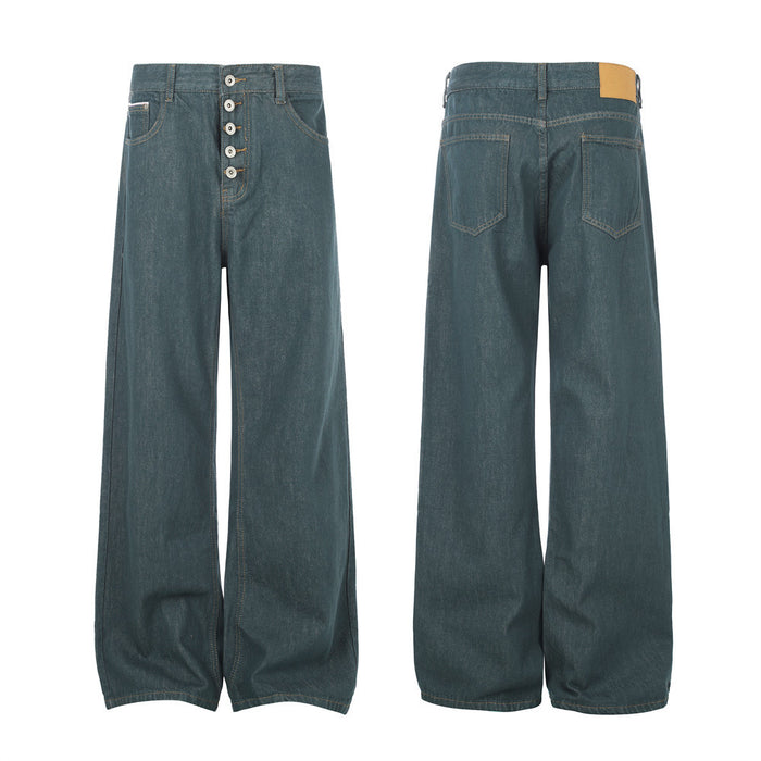 Men's wide-leg teal green button-fly straight denim jeans, front and back view