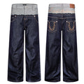 Men's wide-leg raw denim jeans with double waistband, frayed contrast splice, and gold embroidered back pockets in deep indig