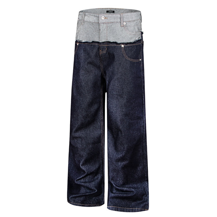 Front view of dark indigo wide-leg jeans with gray double waistband, frayed seam, and five-pocket styling