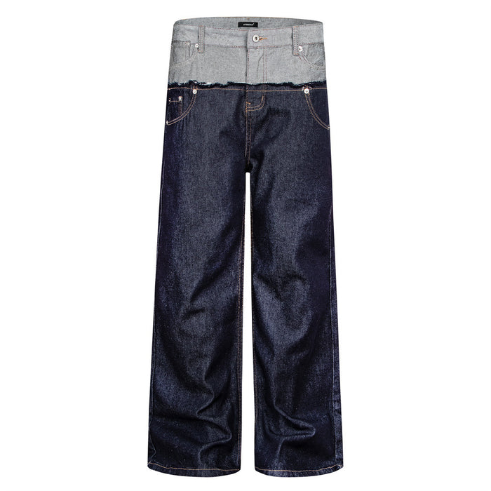 Front view of dark raw denim wide-leg jeans showing the gray double waistband and curved front pockets