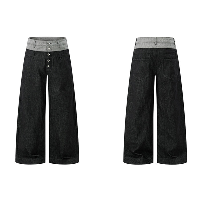 Wide-leg black jeans shown front and back with a contrasting gray waistband and front button fly