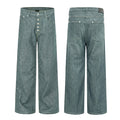 Lake green wide-leg jeans shown front and back with button fly, belt loops, and patch pockets