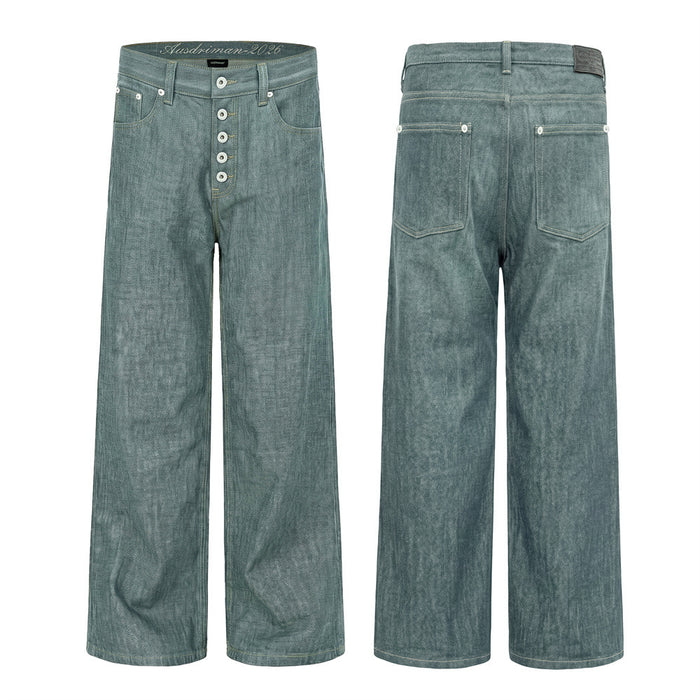 Lake green wide-leg jeans shown front and back with button fly, belt loops, and patch pockets