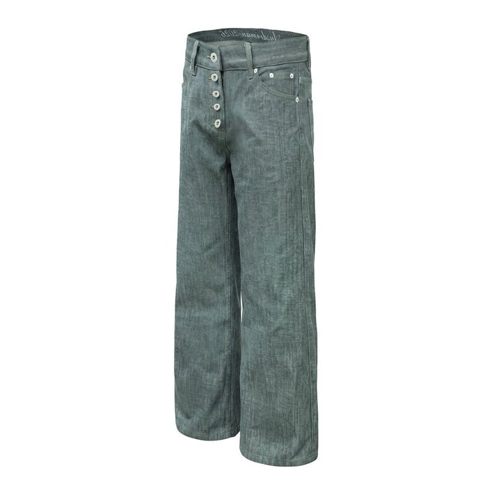 Lake green wide-leg jeans shown from a three-quarter front angle with button fly and slanted front pockets