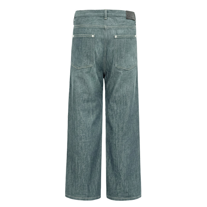 Back view of lake green wide-leg jeans with two patch pockets, belt loops, and straight wide legs